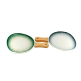 Green-White Ceramic Serving Platter with Wooden Handle