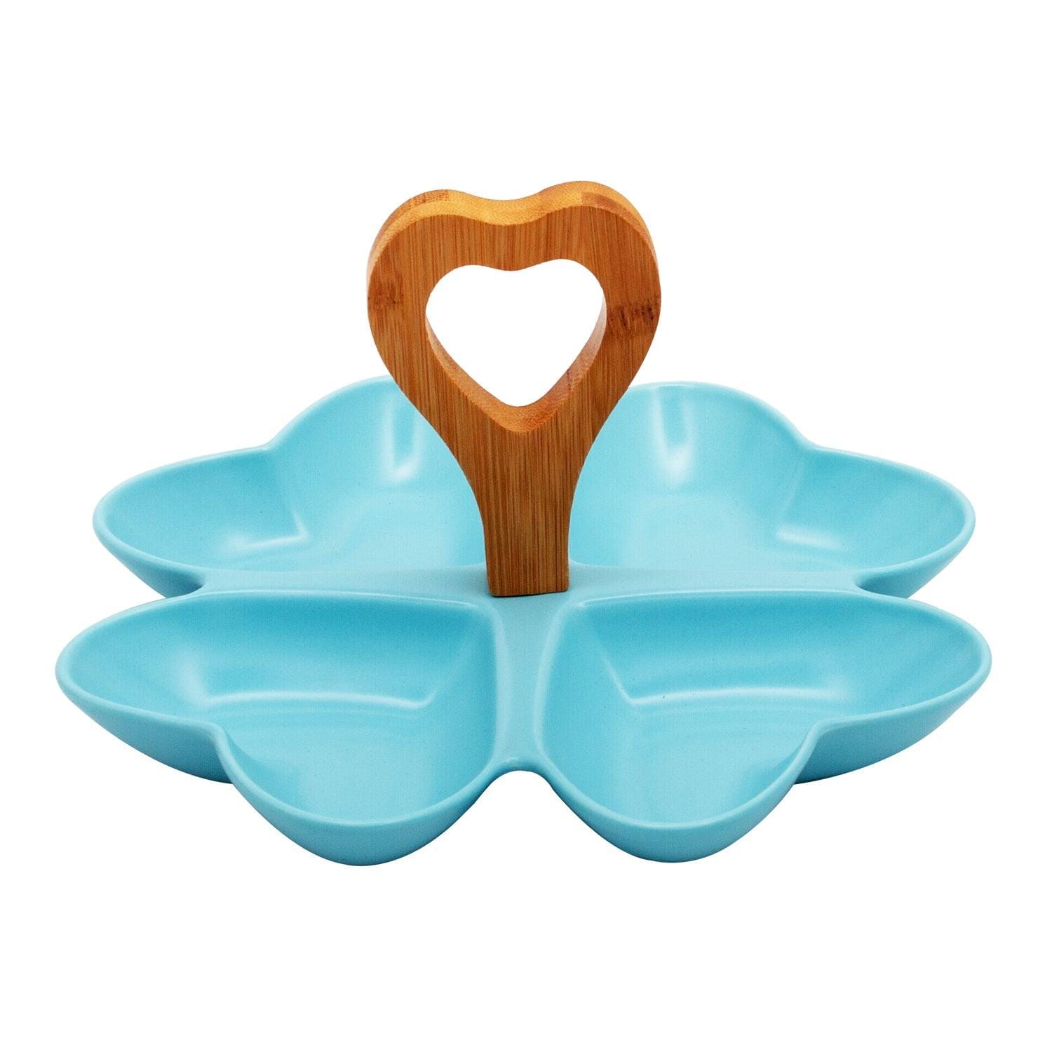 4 Compartment Hearty Blue Ceramic Serving Platter with Wooden Handle