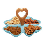 4 Compartment Hearty Blue Ceramic Serving Platter with Wooden Handle