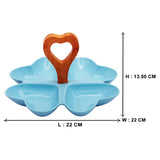4 Compartment Hearty Blue Ceramic Serving Platter with Wooden Handle