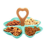 4 Compartment Hearty Green Ceramic Serving Platter with Wooden Handle