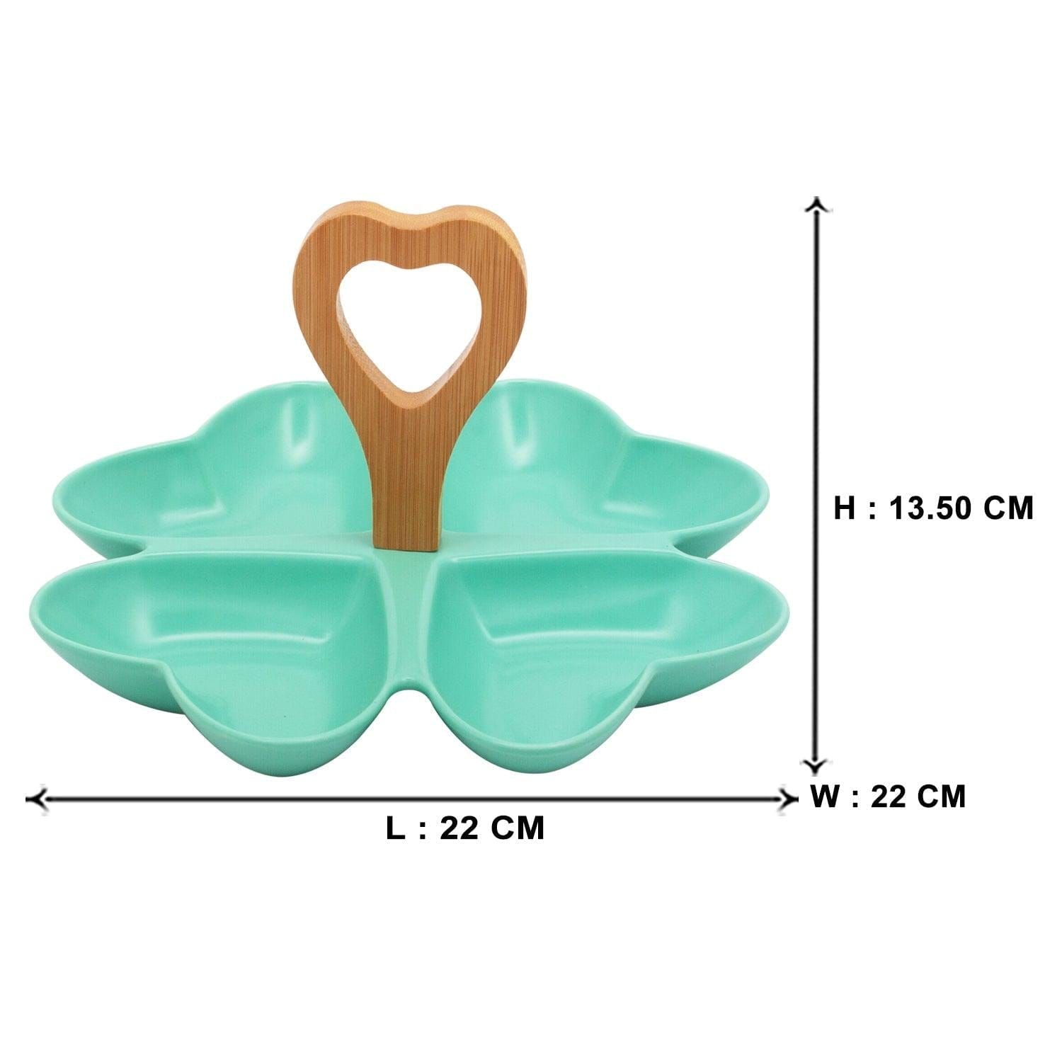 4 Compartment Hearty Green Ceramic Serving Platter with Wooden Handle