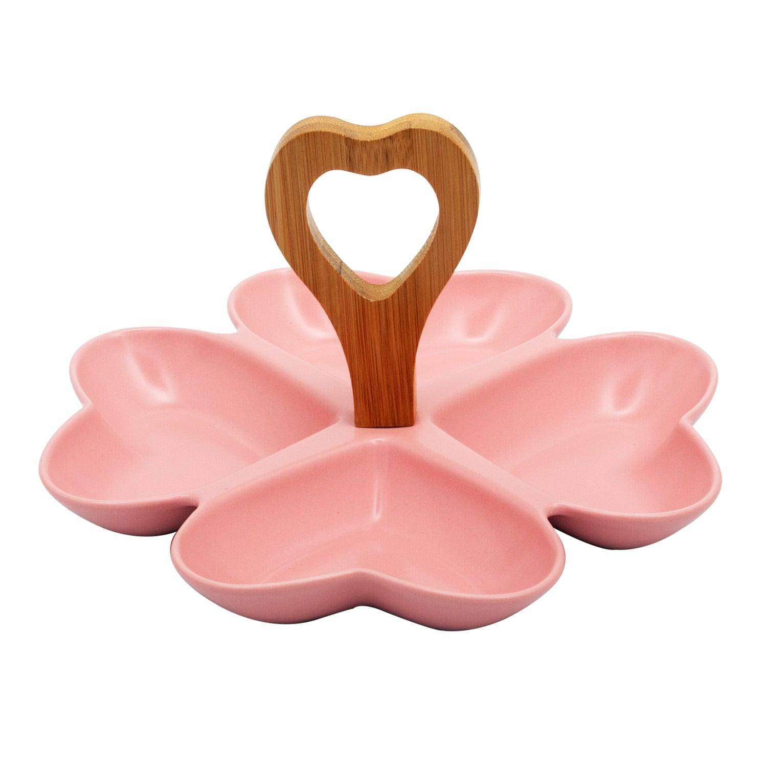 4 Compartment Hearty Pink Ceramic Serving Platter with Wooden Handle