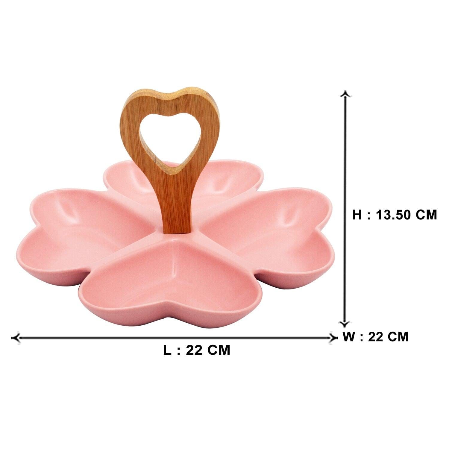 4 Compartment Hearty Pink Ceramic Serving Platter with Wooden Handle