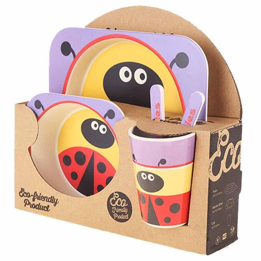 Kids 5 Piece Bamboo Fibre Eco-Friendly Meal Set - Purple Ladybug (Multicolor)