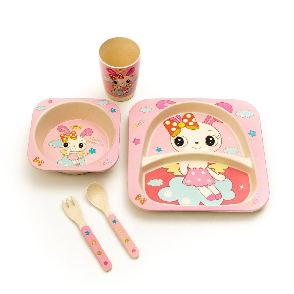 Kids 5 Piece Bamboo Fibre Eco-Friendly Meal Set - Bubbly Bunny (Baby Pink)