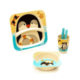 Kids 5 Piece Bamboo Fibre Eco-Friendly Meal Set - Party Penguin (Off White, Black & Blue)