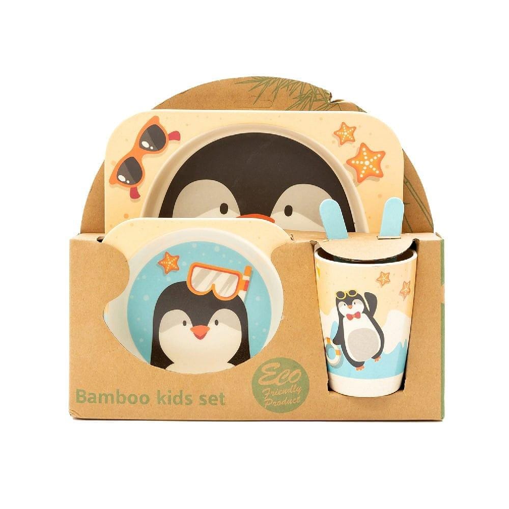 Kids 5 Piece Bamboo Fibre Eco-Friendly Meal Set - Party Penguin (Off White, Black & Blue)