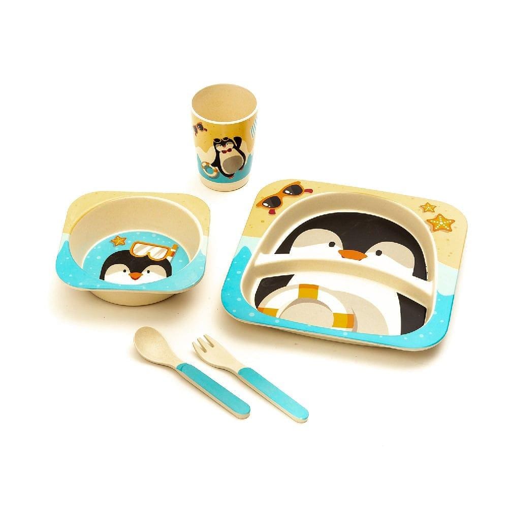 Kids 5 Piece Bamboo Fibre Eco-Friendly Meal Set - Party Penguin (Off White, Black & Blue)