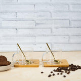 Borosilicate Lateral Mug with Wooden Tray & Classy Golden Spoon Set (Set of 2)