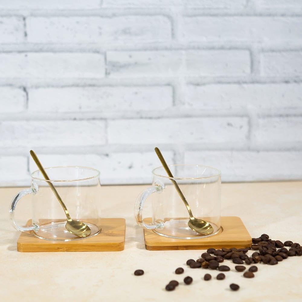 Borosilicate Lateral Mug with Wooden Tray & Classy Golden Spoon Set (Set of 2)