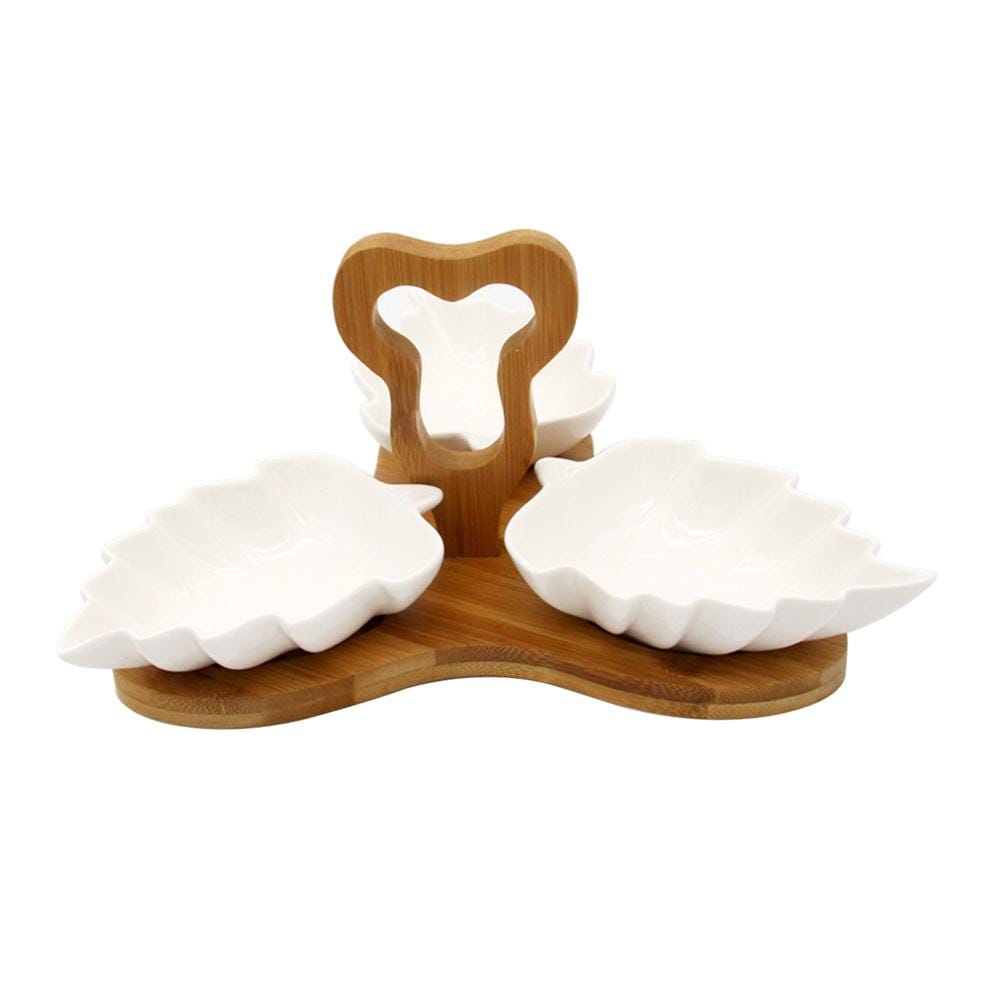 3 Leaf Shaped Ceramic Bowls Serving Platter with Wooden Stand & Tray Set