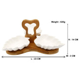 3 Leaf Shaped Ceramic Bowls Serving Platter with Wooden Stand & Tray Set