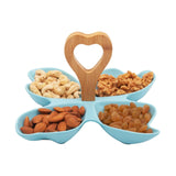 4 Compartment Leafy Blue Ceramic Serving Platter with Wooden Handle