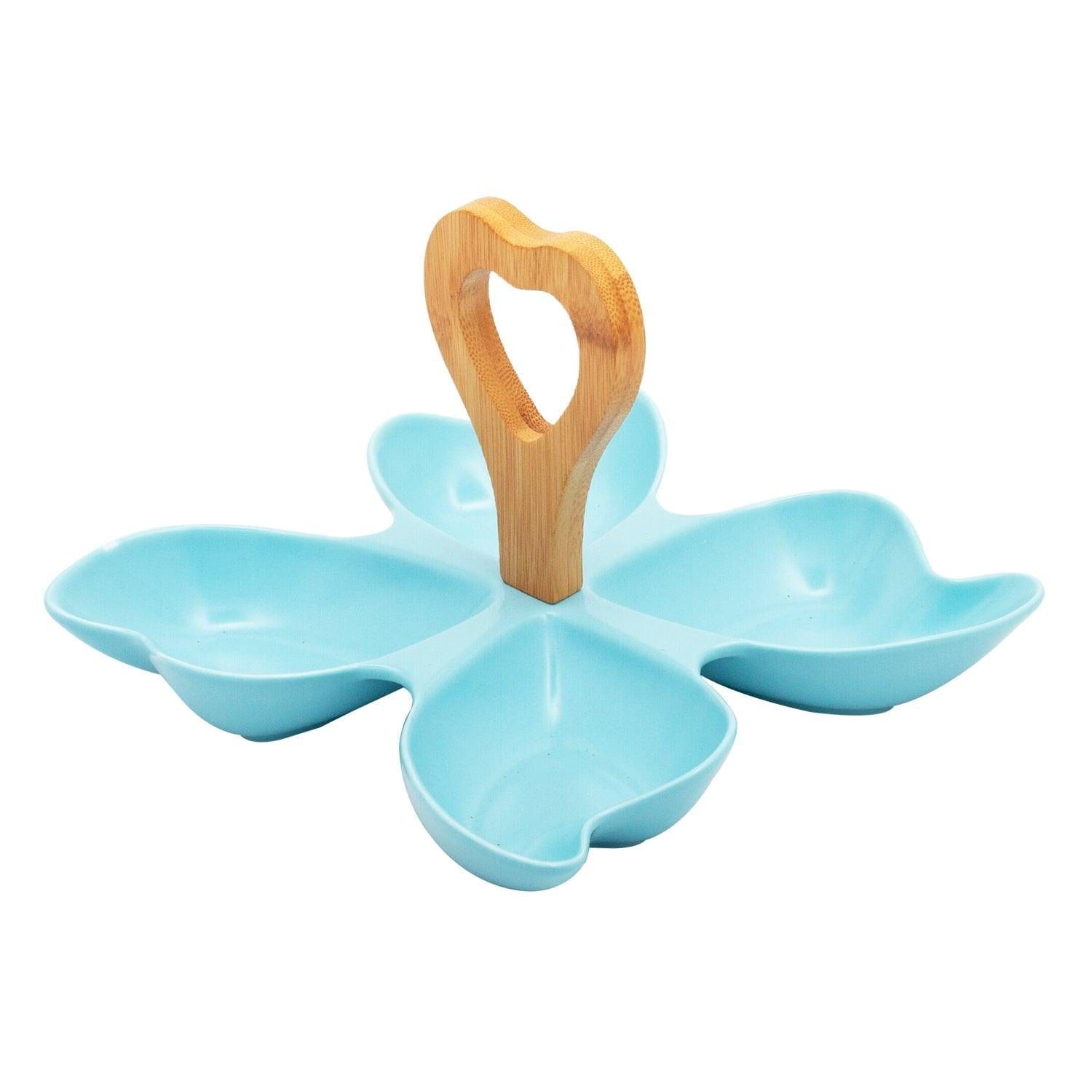 4 Compartment Leafy Blue Ceramic Serving Platter with Wooden Handle
