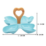 4 Compartment Leafy Blue Ceramic Serving Platter with Wooden Handle