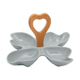 4 Compartment Leafy Gray Ceramic Serving Platter with Wooden Handle
