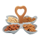 4 Compartment Leafy Gray Ceramic Serving Platter with Wooden Handle