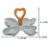 4 Compartment Leafy Gray Ceramic Serving Platter with Wooden Handle