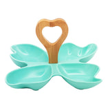 4 Compartment Leafy Green Ceramic Serving Platter with Wooden Handle