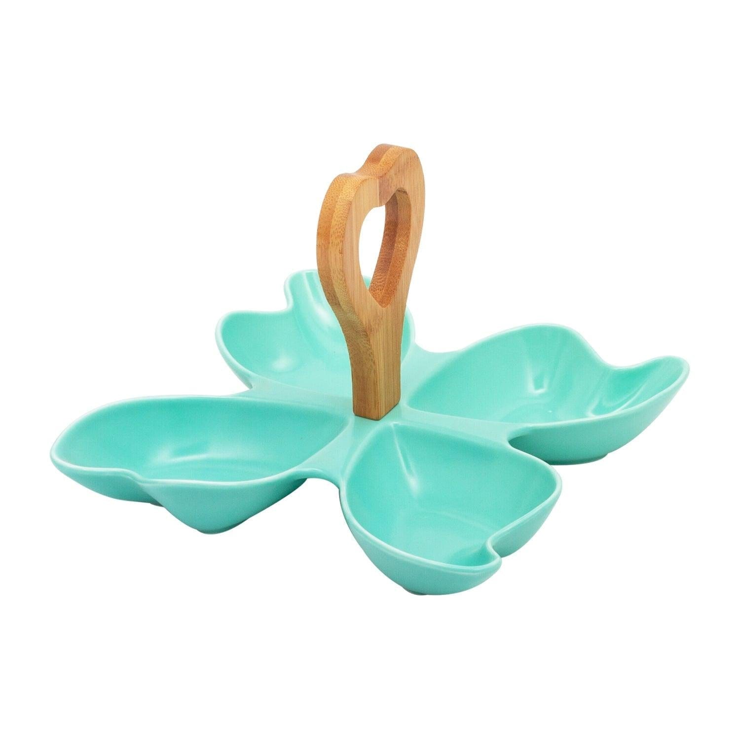 4 Compartment Leafy Green Ceramic Serving Platter with Wooden Handle