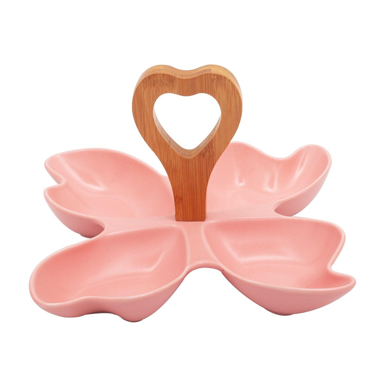 4 Compartment Leafy Pink Ceramic Serving Platter with Wooden Handle