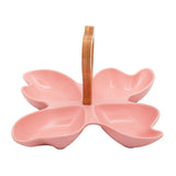 4 Compartment Leafy Pink Ceramic Serving Platter with Wooden Handle