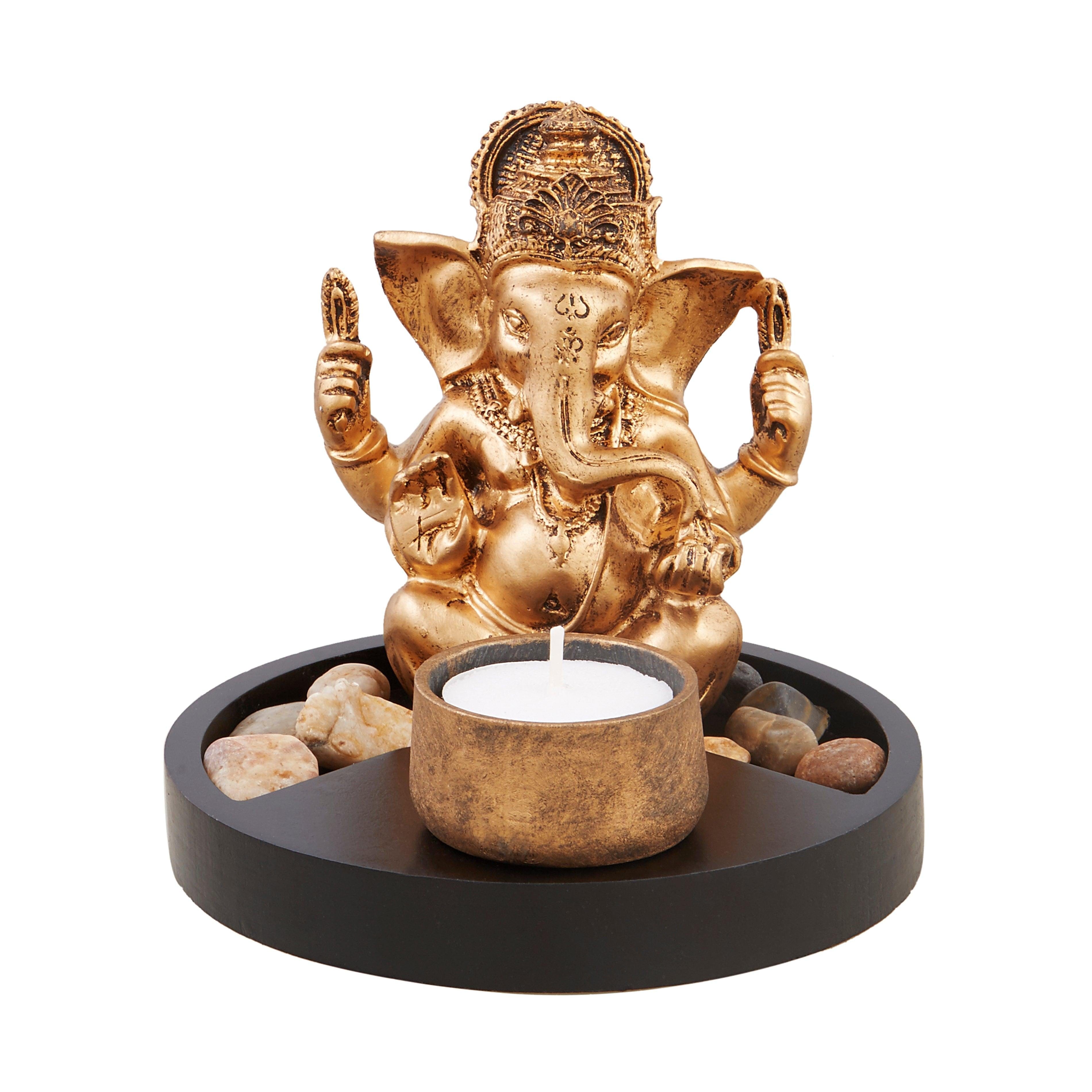 Lord Ganesha with Candle Holder on Wooden Tray Gift Set