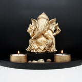 Ornamental Lord Ganesha with 2 Tea Light Holders on Wooden Tray Gift Set (Golden)