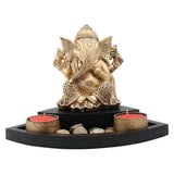 Ornamental Lord Ganesha with 2 Tea Light Holders on Wooden Tray Gift Set (Golden)