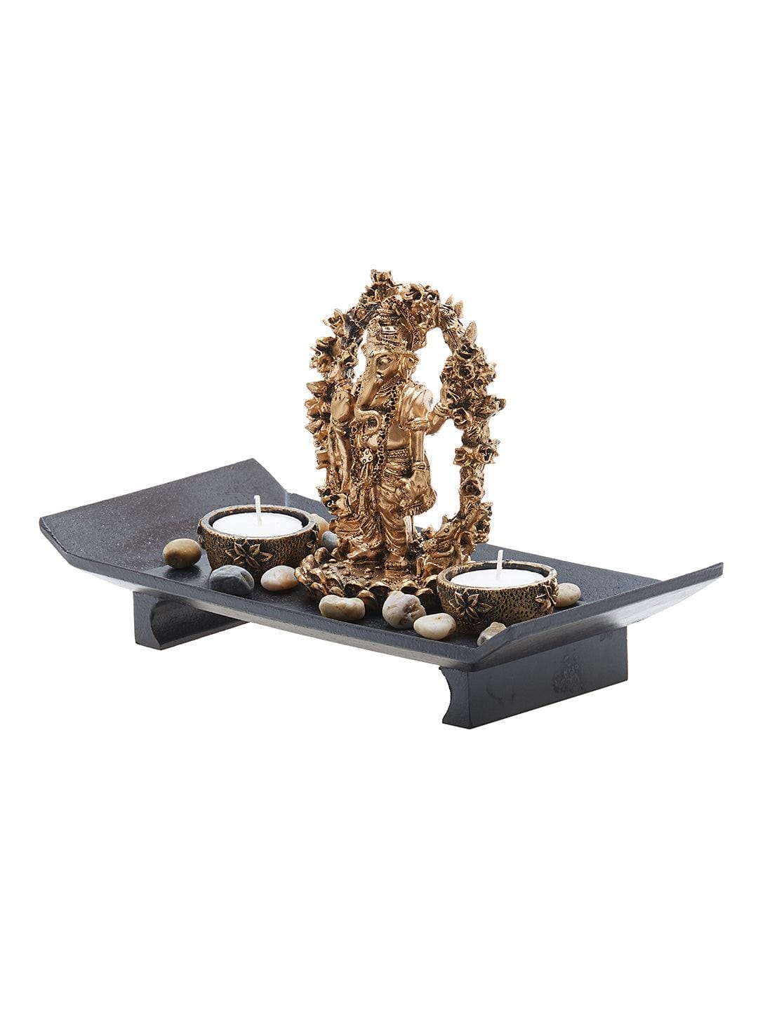 Lord Ganesha Gift Set Tray with 2 Tea Lights (Golden)