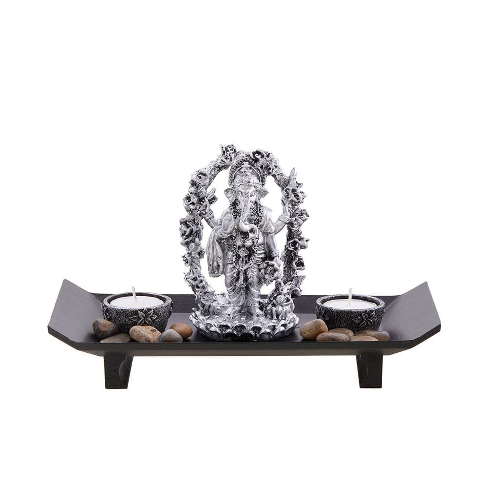 Lord Ganesha Gift Set Tray with 2 Tea Lights (Silver)
