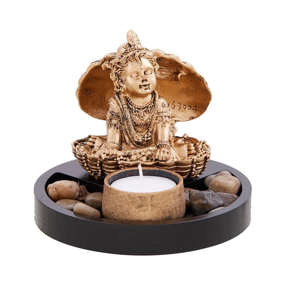 Decorative Bal Laddu Gopal with Candle Holder on Wooden Tray Gift Set