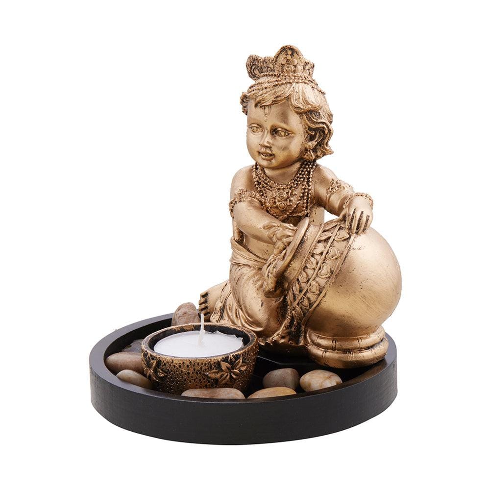 Lord Krishna with Matki with Candle Holder on Wooden Tray Gift Set