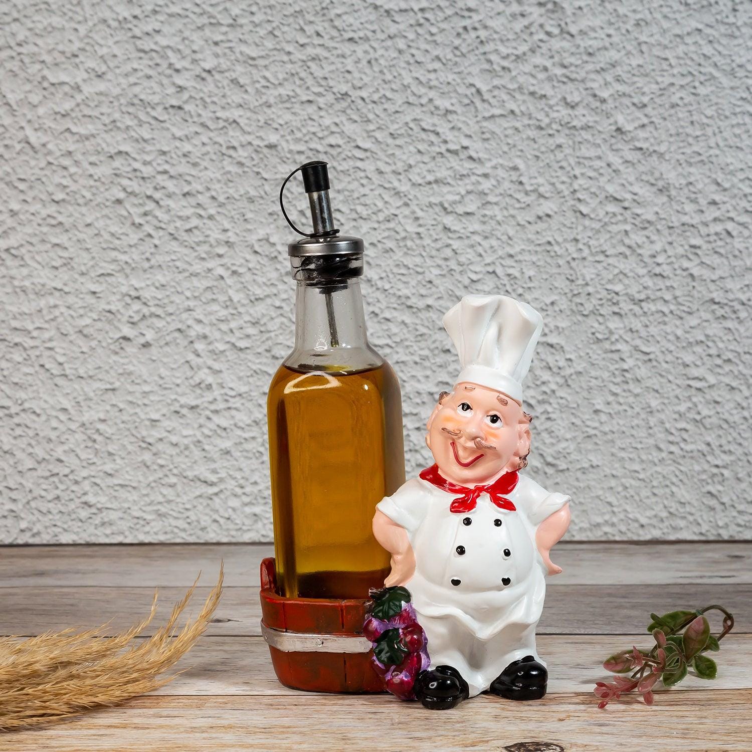 Foodie Chef Figurine Resin Oil & Vinegar Bottles Holder in Dark Brown Pail Set