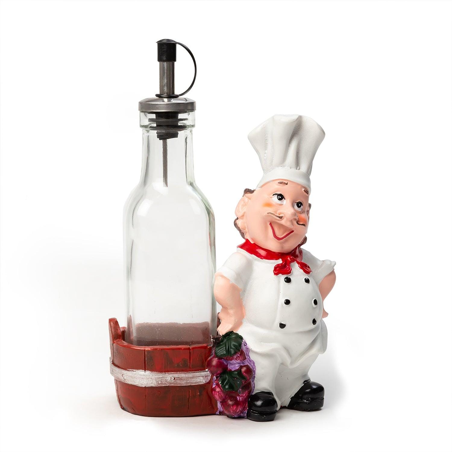 Foodie Chef Figurine Resin Oil & Vinegar Bottles Holder in Light Brown Basket Set