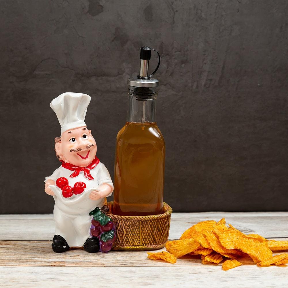 Foodie Chef Figurine Resin Oil & Vinegar Bottles Holder in Light Brown Basket Set