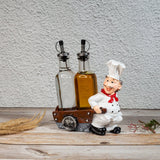 Foodie Chef Figurine Resin Oil & Vinegar Bottles on Pull Cart Holder Set