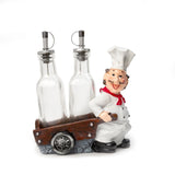 Foodie Chef Figurine Resin Oil & Vinegar Bottles on Pull Cart Holder Set