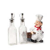 Foodie Chef Figurine Resin Oil & Vinegar Bottles on Pull Cart Holder Set