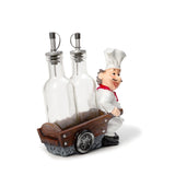 Foodie Chef Figurine Resin Oil & Vinegar Bottles on Pull Cart Holder Set