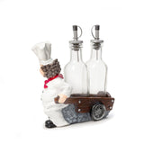Foodie Chef Figurine Resin Oil & Vinegar Bottles on Pull Cart Holder Set