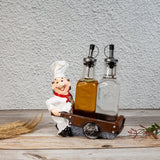Foodie Chef Figurine Resin Oil & Vinegar Bottles on Push Cart Holder Set