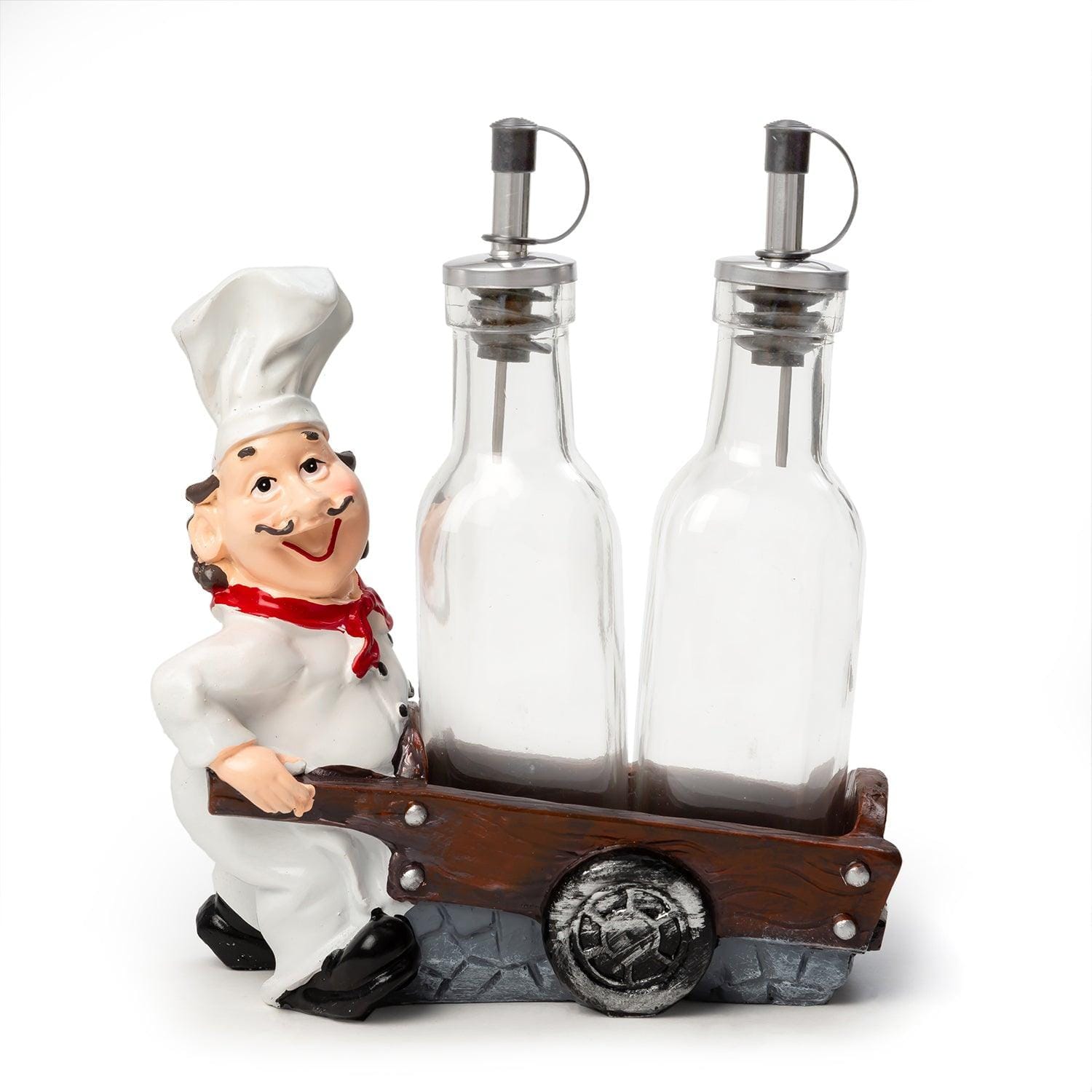 Foodie Chef Figurine Resin Oil & Vinegar Bottles on Push Cart Holder Set