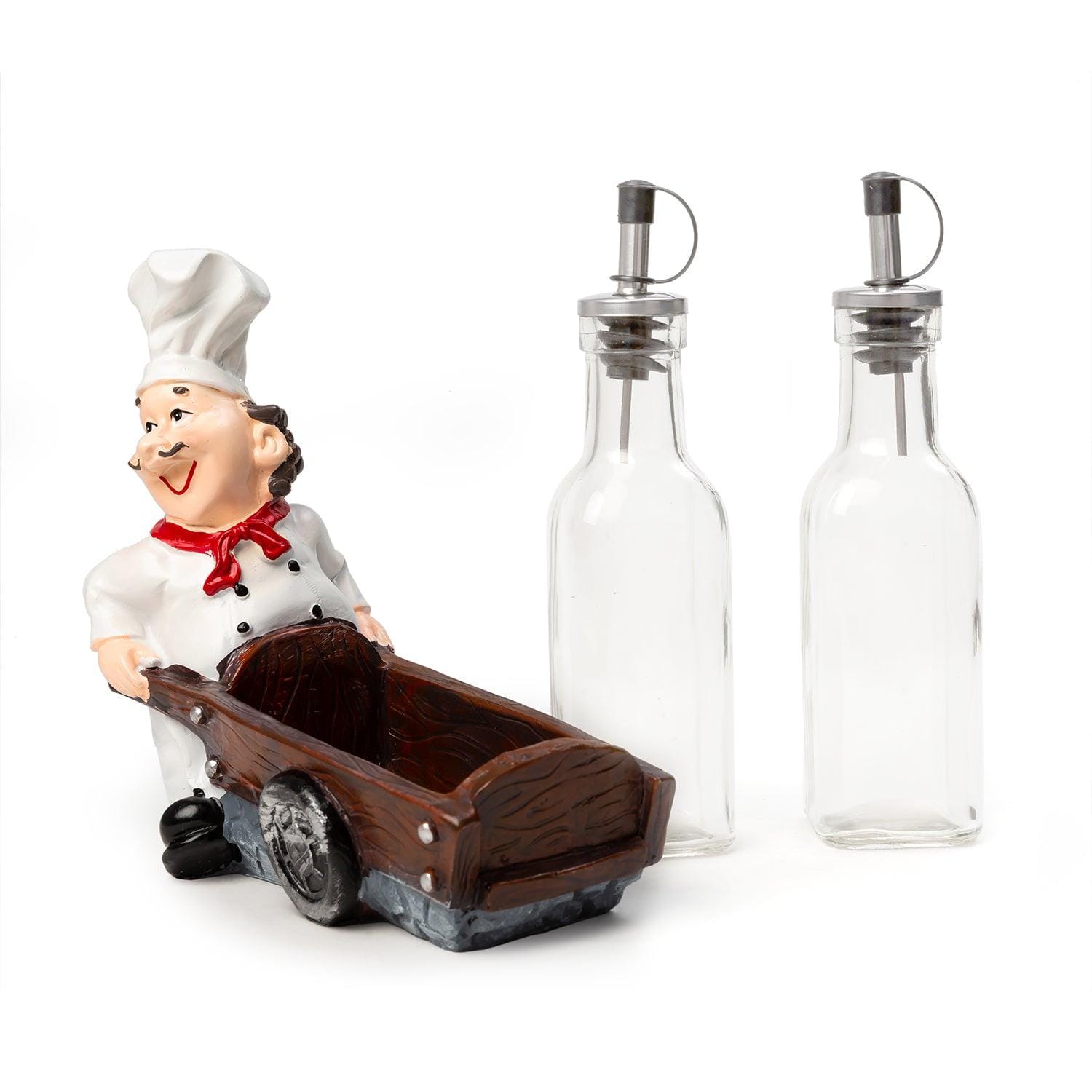 Foodie Chef Figurine Resin Oil & Vinegar Bottles on Push Cart Holder Set