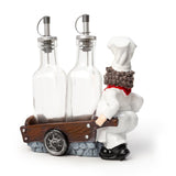 Foodie Chef Figurine Resin Oil & Vinegar Bottles on Push Cart Holder Set