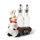 Foodie Chef Figurine Resin Oil & Vinegar Bottles on Push Cart Holder Set