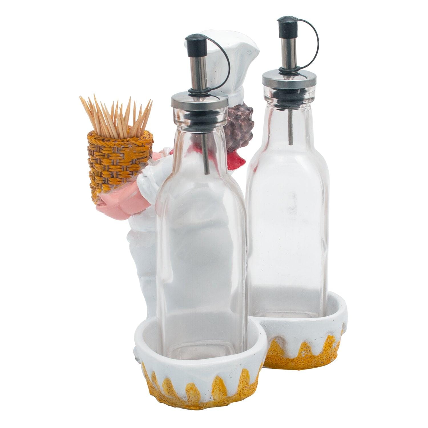 Foodie Chef Figurine Resin Oil & Vinegar Bottles with Toothpick Holder Set (Left)