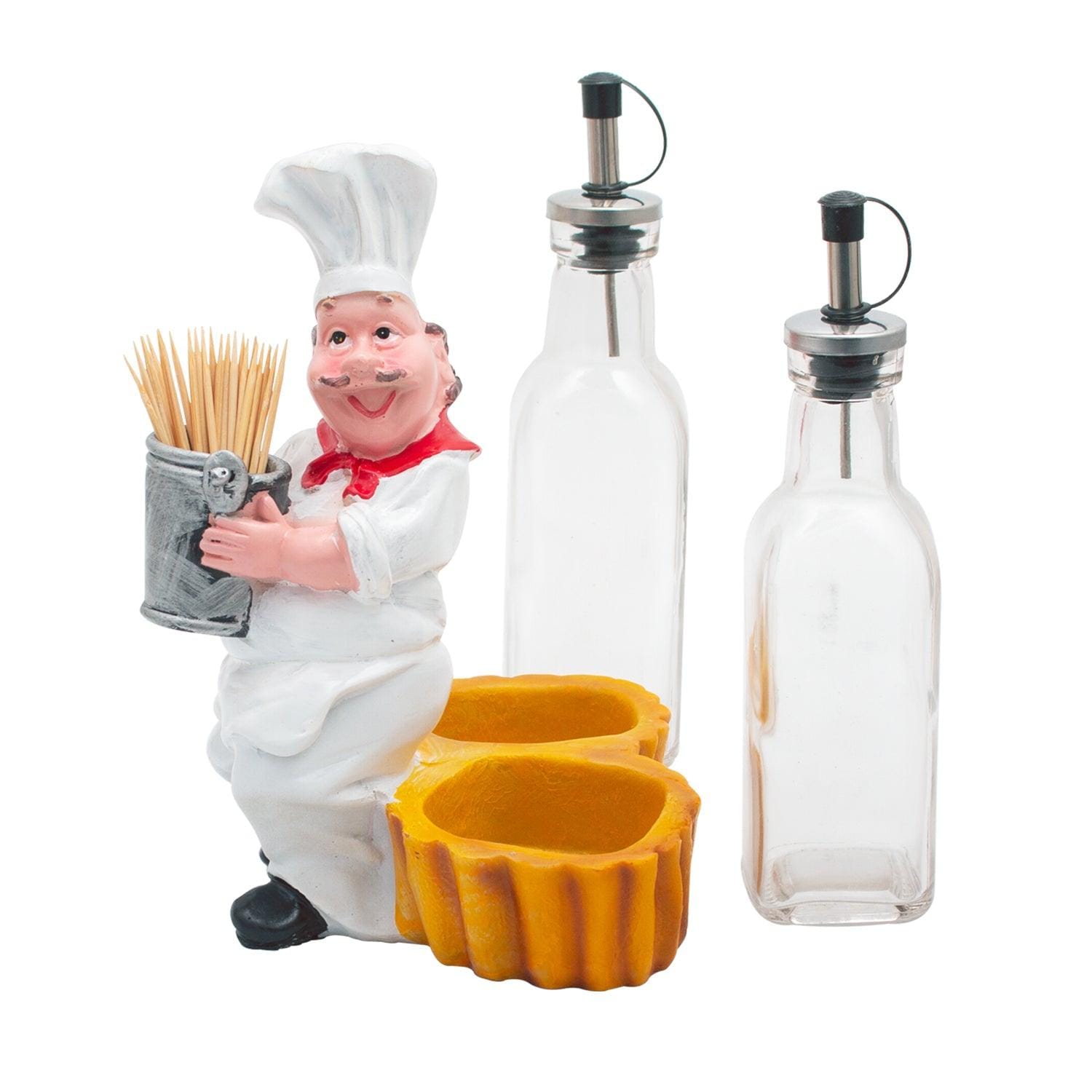 Foodie Chef Figurine Resin Oil & Vinegar Bottles with Toothpick Holder Set (Right)