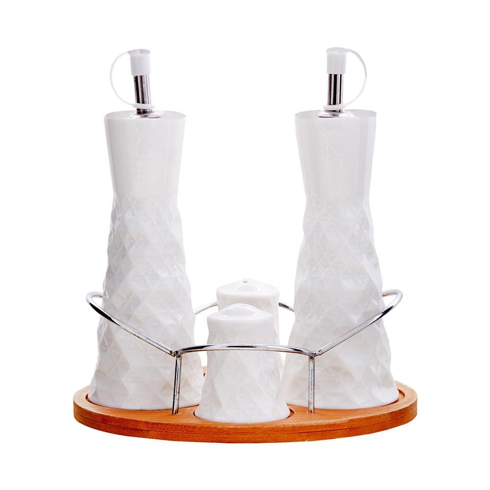 White Ceramic Prisms Oil & Vinegar Dispensers with Salt Pepper Shakers Set